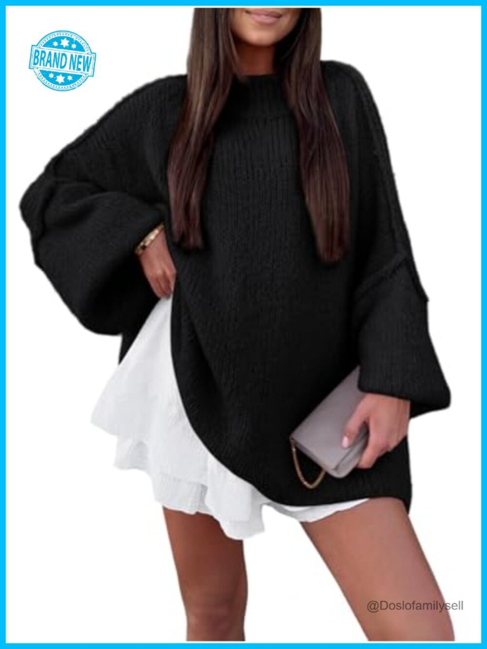 Oversized Mock Neck Batwing Chunky Knit Sweater Long Sleeve Pullover